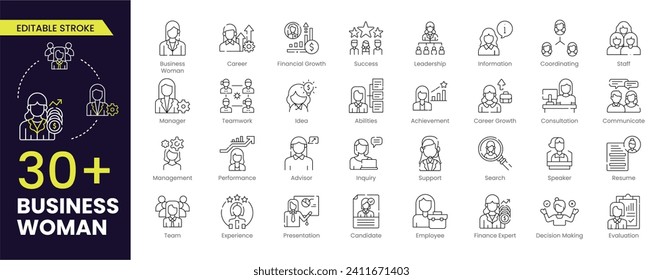 Business Woman stroke icon set. Contains such Icons as Handshake, Meeting, Support, Performance, Communicate, Female Leader and more. Editable Stroke icon collections. outline