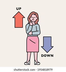 A business woman is struggling between the rising and falling arrows. flat design style minimal vector illustration.