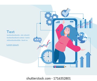 Business woman success, career, successful projects, leadership, goal, winning plan, Vector illustration for web banner, infographics, mobile. 