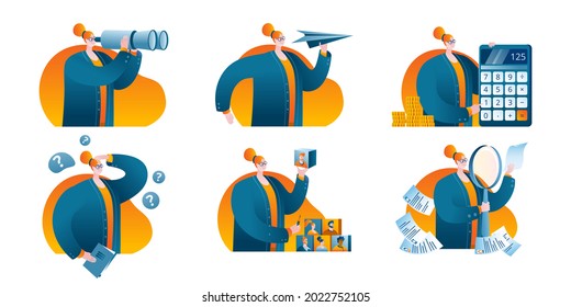 A business woman in a business suit with binoculars, a paper airplane, a calculator, a magnifying glass. A set of vector illustrations for a mobile application on the topic of women in business.