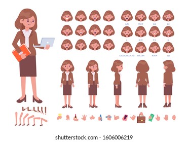 Business woman in suit creation set with various views, face emotions, poses and gestures. Front, side, back view animated character, separate body parts. Cartoon style, flat vector illustration.