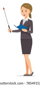 A business woman in a suit has an instruction stick