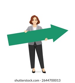 Business woman in suit holding big green arrow showing direction. Achievement and growth concept. Vector illustration isolated