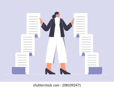 Business woman in a suit holding a long sheet of paper. Businesswoman with a big checklist, to do list, document with tasks. Busy female person concept. Isolated flat vector illustration