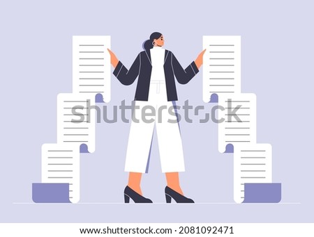 Business woman in a suit holding a long sheet of paper. Businesswoman with a big checklist, to do list, document with tasks. Busy female person concept. Isolated flat vector illustration