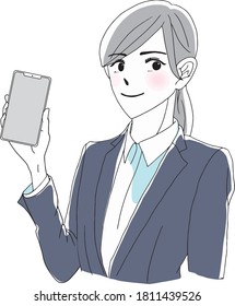Business woman in a suit holding a smartphone