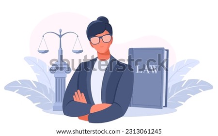 Business woman in a suit lawyer, advocate, judge, notary. Scales and the book of the law. The concept court and justice, legal services of a lawyer, notary. Vector illustration.