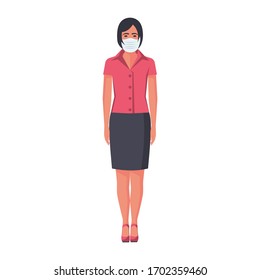 Business woman in a business suit and a medical mask on her face. Coronavirus Prevention covid-19. Vector illustration flat design.