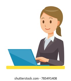 A business woman in a suit is operating a laptop computer