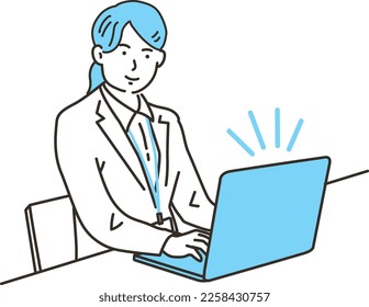 A business woman in a suit operating a PC