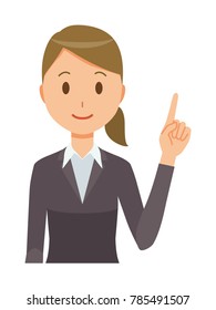 Business woman in suit is pointing to finger