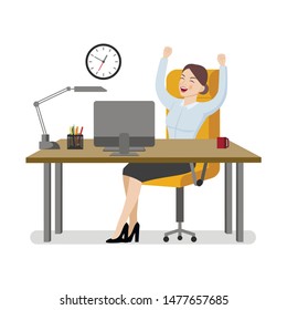 Business woman in a business suit rejoices at her workplace. Vector flat illustration.