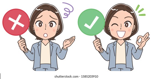 A business woman in a suit.She represents a tag about the correct answer.