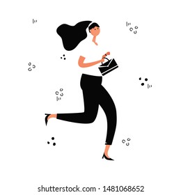 Business woman in a suit is running. Black and white vibrant colors. Vector flat illustration isolated on white background. Pretty woman with a briefcase is late for work.