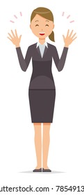 A business woman in a suit is spreading his hands