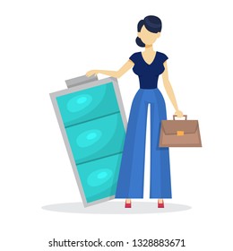 Business woman in suit standing at full battery. Idea of energy and power. Electronic charge. Vector illustration in cartoon style
