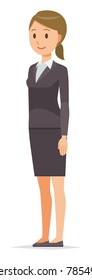 A business woman in a suit stands facing diagonally