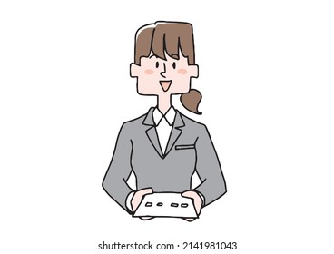 Business woman (suit) who hands a business card seen from the front Comical handwritten person Vector, color on line drawing