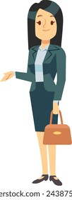 Business woman with suitcase going on meeting. Cartoon character