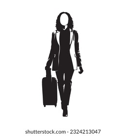 Business woman with suitcase walking forward, front view, isolated vector silhouette