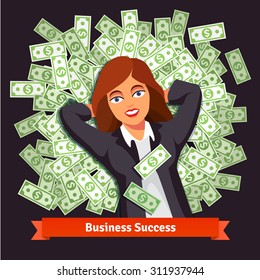 Business Woman In Suite Lying On A Bed Pile Of Green Dollar Cash. Success And Wealth Concept. Flat Style Vector Illustration Isolated On Black Background.