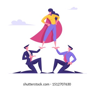 Business Woman in Super Hero Cloak Stand on Top of Pyramid with Arms Akimbo. Business Men Holding Successful Colleague or Company Leader on Hands. Corporate Hierarchy. Cartoon Flat Vector Illustration