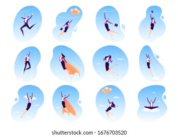 Business woman super hero flying vector illustration. Cartoon businesswoman superhero in cape, strong, active, power female character. Growth career, leadership concept icons set isolated on white