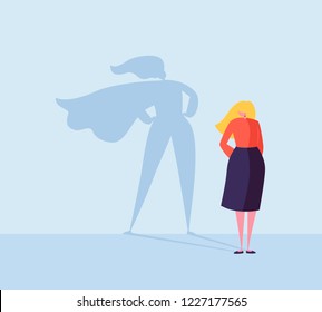 Business Woman with a Super Hero Shadow. Female Character with Cape Silhouette. Businesswoman Leadership Motivation Concept. Vector illustration