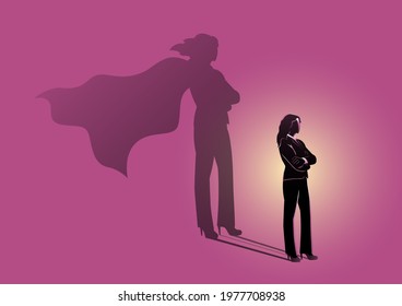 Business Woman With A Super Hero Shadow Leadership Motivation Concept Vector Illustration