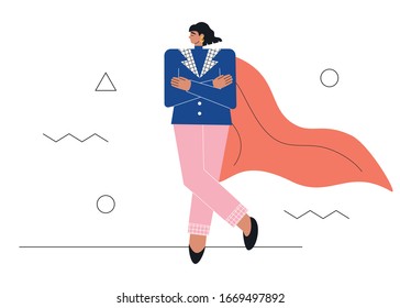 Business Woman Superhero Concept. Strong, Powerful And Successful Female Leader Or Boss. Beautiful Woman In Power Having Success. Feminism At Work. Flat Vector Illustration With Character