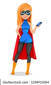 Business woman superhero. Concept of successful woman wearing superhero costume. Beautiful cartoon character holding smartphone. Vector illustration on white background. 