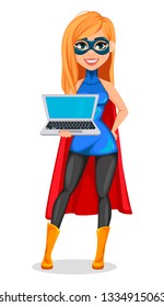 Business woman superhero. Concept of successful woman wearing superhero costume. Beautiful cartoon character holding modern laptop. Vector illustration on white background. 