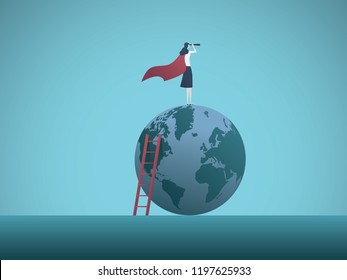 Business woman superhero on top of the world. Symbol of feminism, emancipation, success, confidence. Eps10 vector illustration.