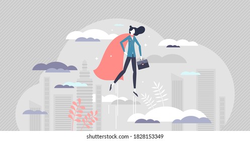 Business woman superhero as powerful female leader job tiny person concept. Strength and confidence in symbolic leadership vector illustration. Professional career achievement or personal growth scene