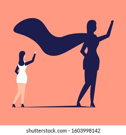 Business Woman with superhero shadow vector concept. Business symbol of emancipation, ambition, success, motivation, leadership, courage and challenge. vector illustration