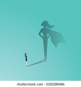 Business Woman Superhero Vector Concept. Businesswoman With Superhero Shadow. Symbol Of Confidence, Leadership, Power, Feminism And Emancipation. Eps10 Vector Illustration.