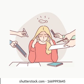 Business Woman Surrounded by Hands with Office Things. Multitasking and Time Management Concept. Hand drawn style vector design illustrations.