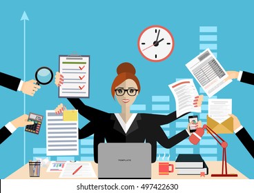  Business Woman Surrounded By Hands With Office Things. Multitasking And Time Management Concept. Vector Flat Design Illustration. Square Layout.