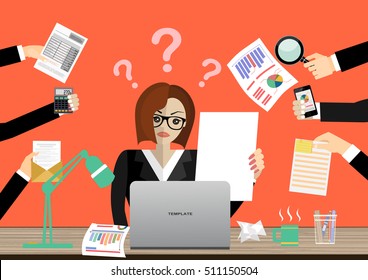 Business woman surrounded by hands with office things. 