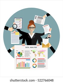 Business woman surrounded by hands with office things. Multitasking and time management concept. Vector flat design illustration. Square layout.