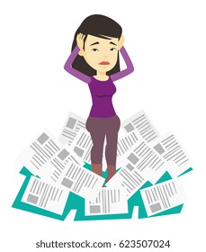 Business woman surrounded by lots of papers. Overworked business woman having a lot of paperwork. Woman standing in the heap of papers. Vector flat design illustration isolated on white background.