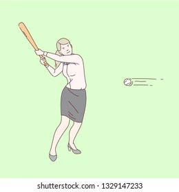 Business woman swinging baseball bat and preparing to hit ball. Businesswoman batter playing baseball. Career challenge, management, goal and competition concept. Flat line vector illustration