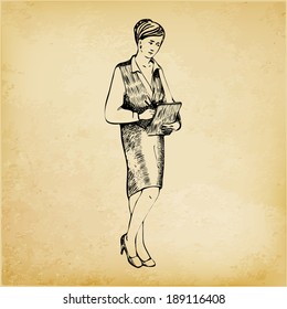 Business woman with tablet, hand drawing