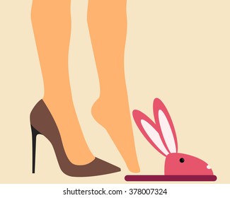 Business Woman takes off shoes at home after work. Vector illustration