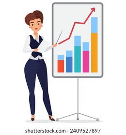 Business woman takes presentation. Female office worker shows business results cartoon vector illustration