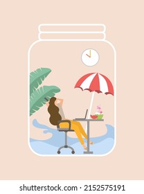 Business woman is taking a break at the beach, a woman is chilling out at the beach, flat design of work life balance vector, a woman is sitting on a chair at the beach, work lifestyle of businessman.