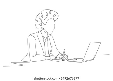 Business woman taking notes on files. African woman in business concept one-line drawing