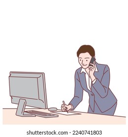 Business woman taking notes while making a phone call　, Vector illustration