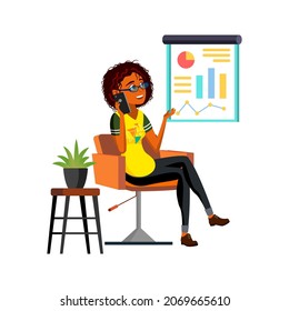 Business Woman Talking With Ceo On Phone Vector. Hispanic Businesswoman Talk And Reporting About Company Achievement On Mobile Phone. Character Conversation Flat Cartoon Illustration