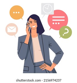 Business woman talking on cell phone. Smiling, happy girl with speech bubbles. Business telephone conversation, conversation with friends and relatives. Flat style on white. Vector illustration.